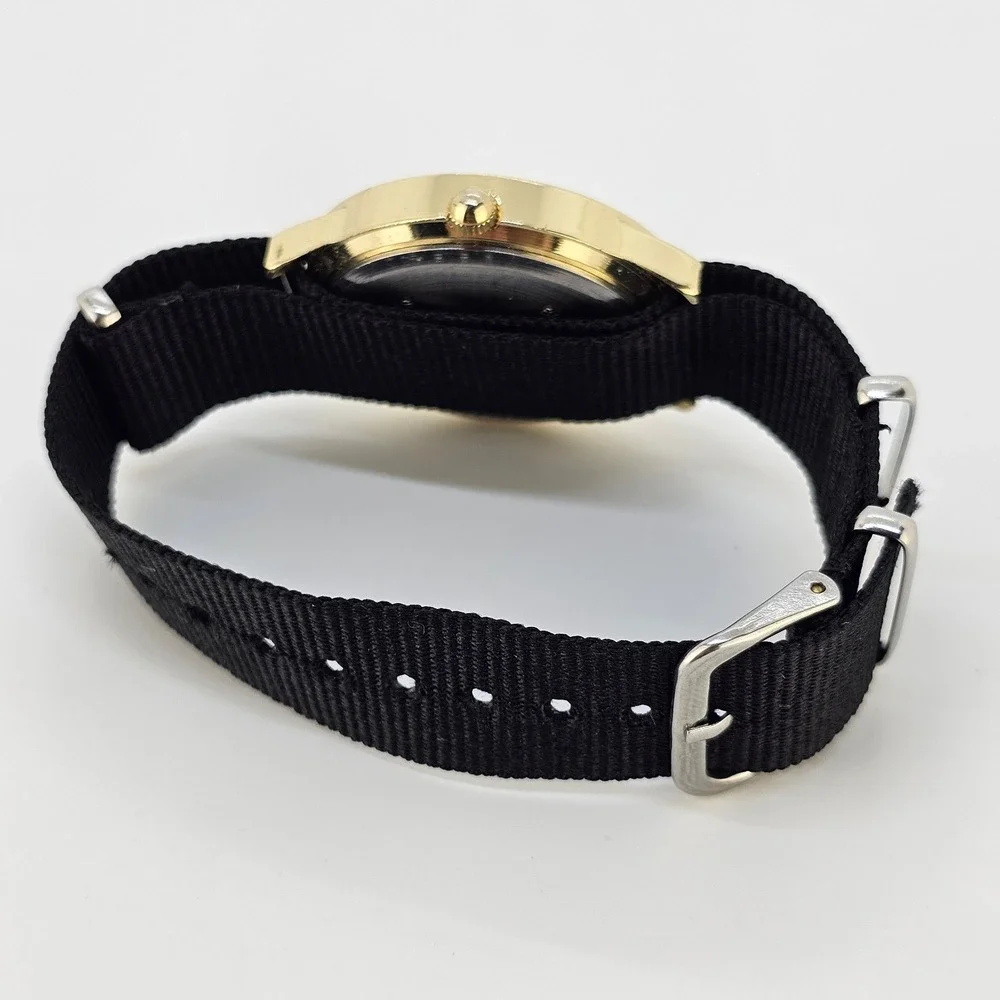 Embassy Men's Analog Watch 38MM Gold Dial Date NEW Black Canvas Band NEW Battery